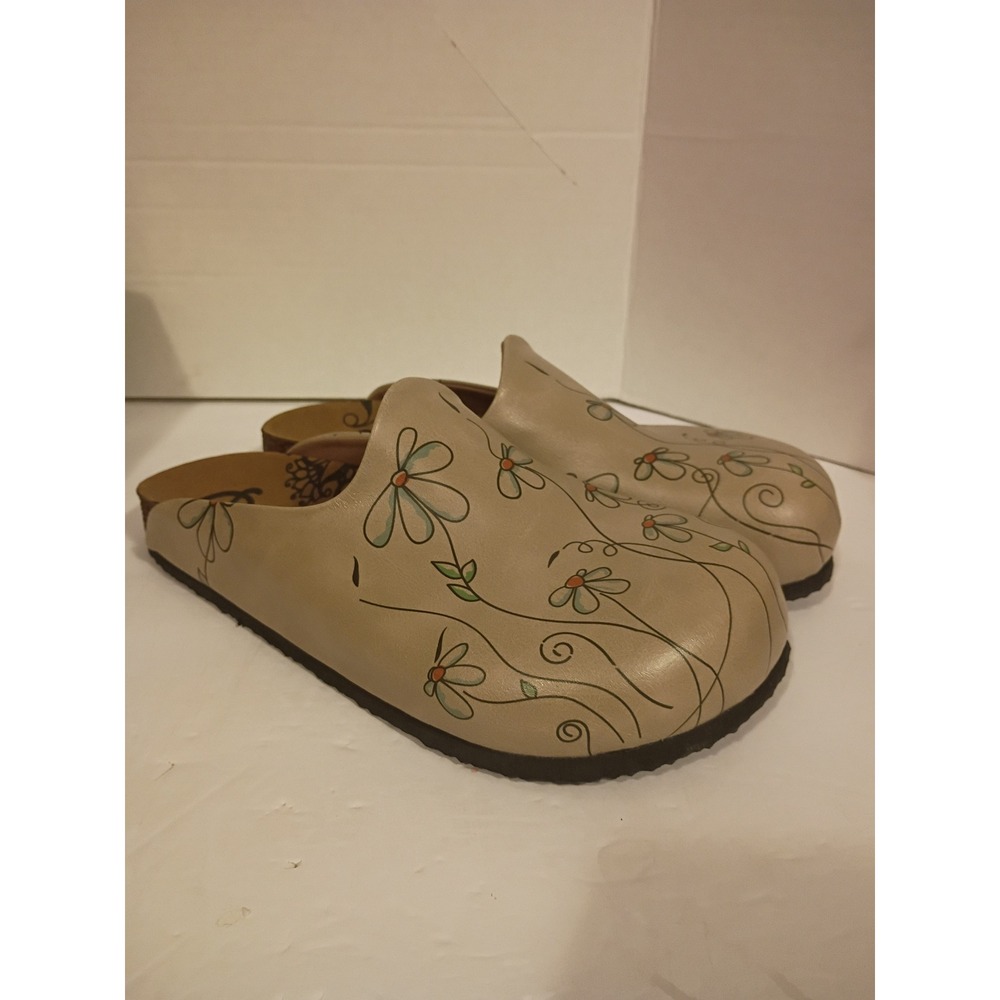 Calceo Women Beige Floral Daisy Print Cork Footbed Mule Clogs Size 42 - Picture 4 of 8